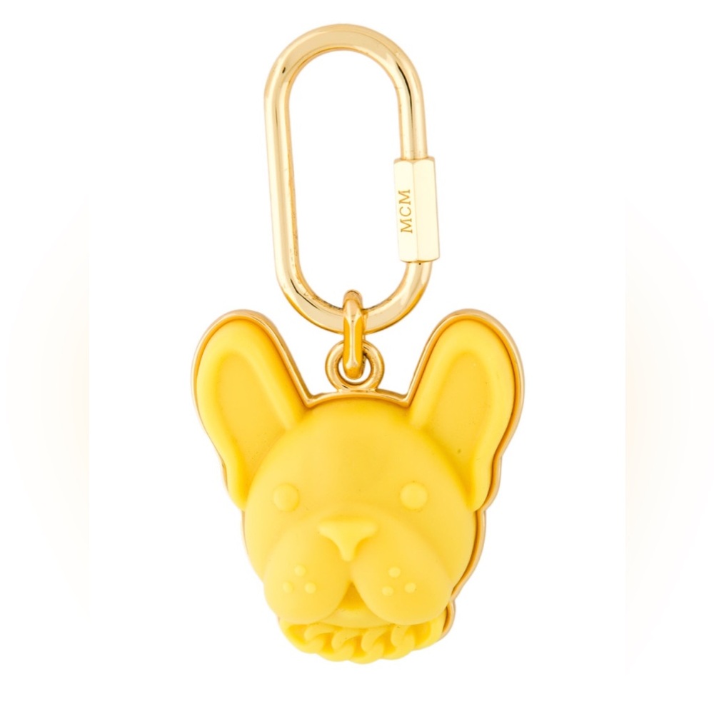 MCM Frenchie Bull Dog Face Keychain Bag Charm NEW Yellow/ Gold Dust Bag Box